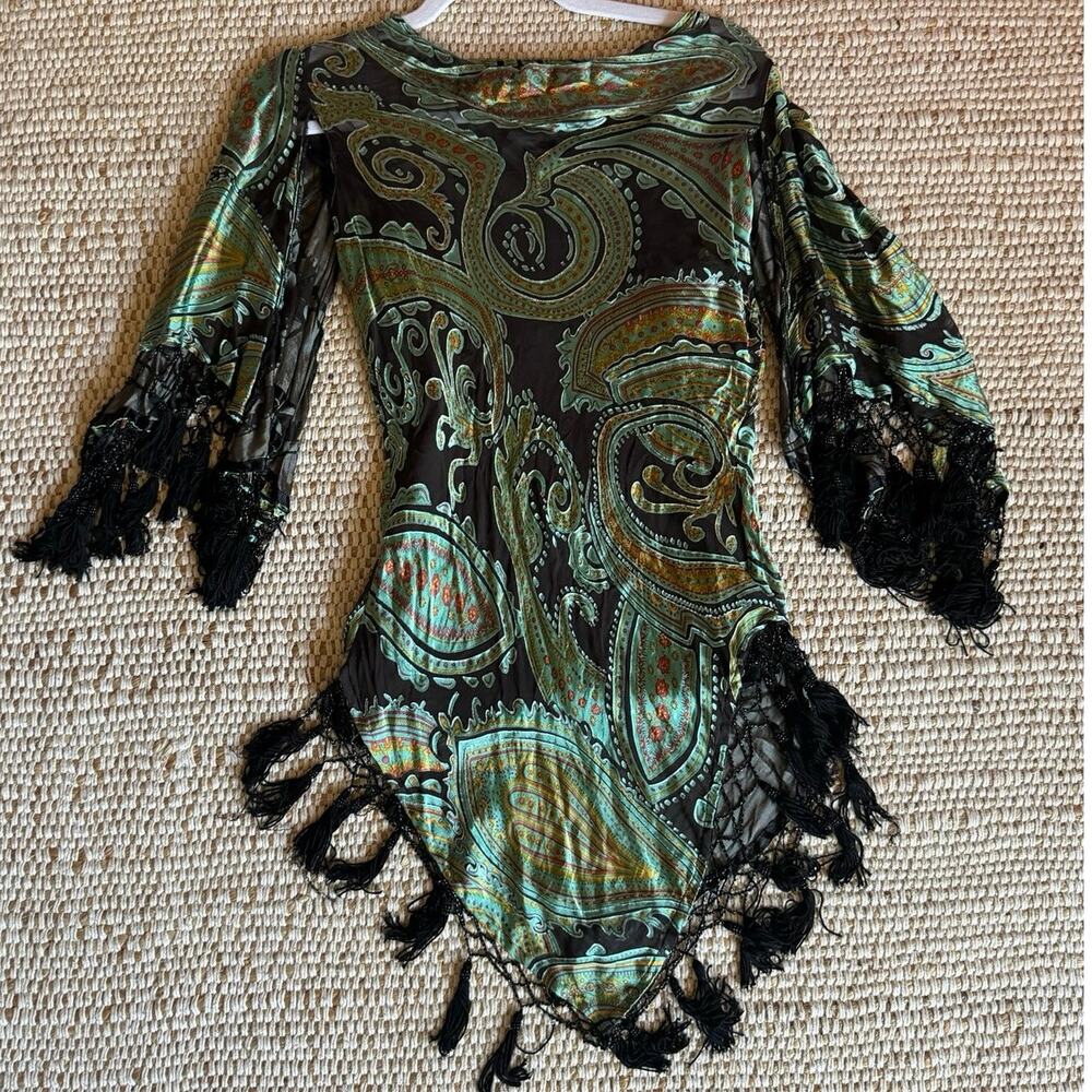 VTG Silk Beaded Fringe Asymmetrical Hem Open Shoulder Top Mesh Crushed Velvet S
